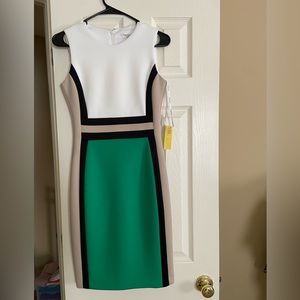 Calvin Klein green, white, black & beige block dress